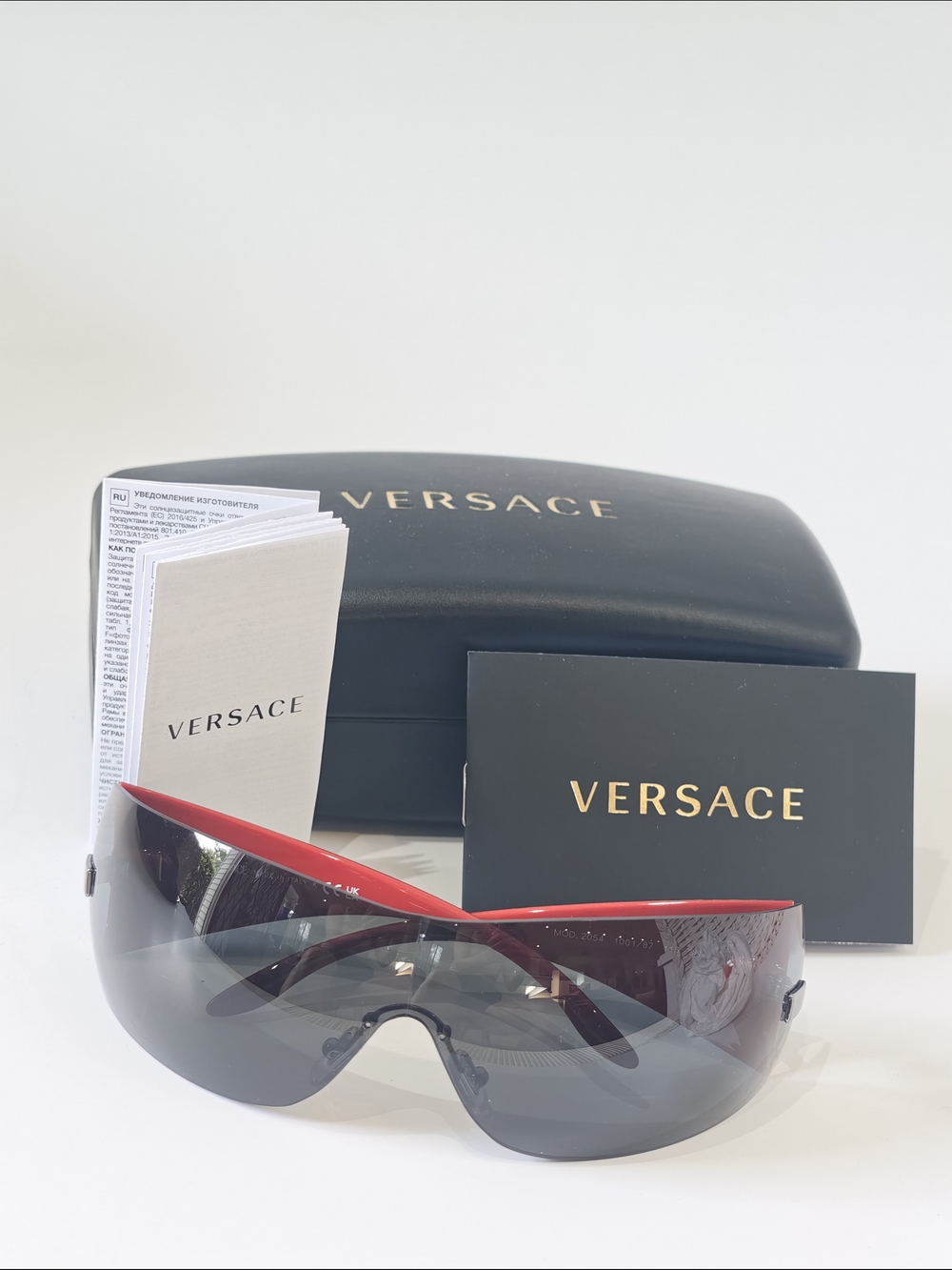 Versace Shield Sunglasses in Black with Red Trim